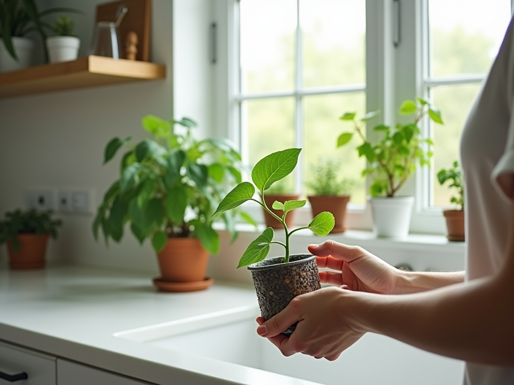 Hands holding a small potted plant in a sunny kitchen with other plants on the windowsill.