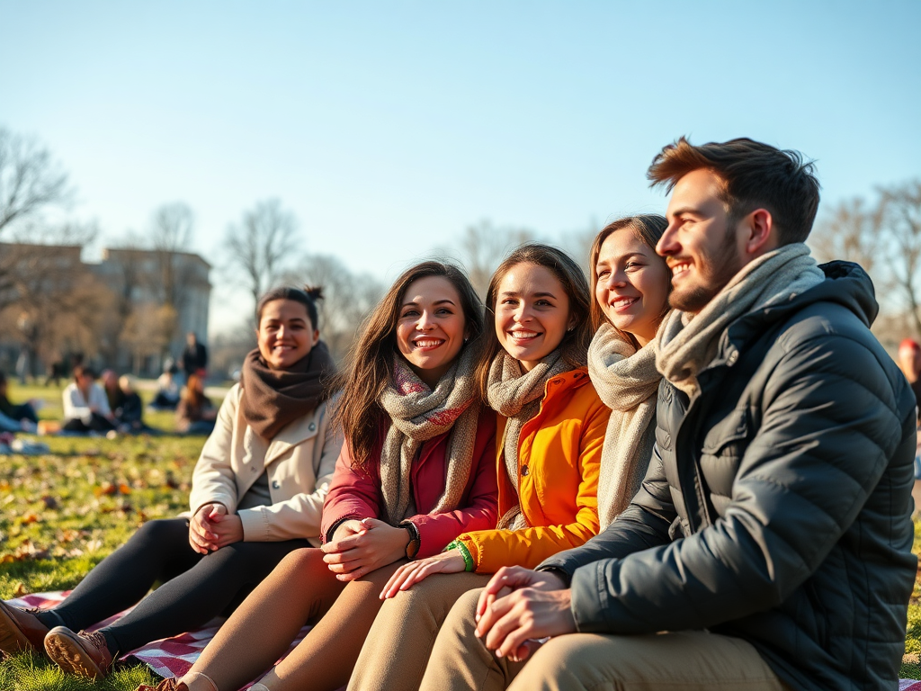 A group of five friends smiling and sitting together on the grass, enjoying a sunny day outdoors.