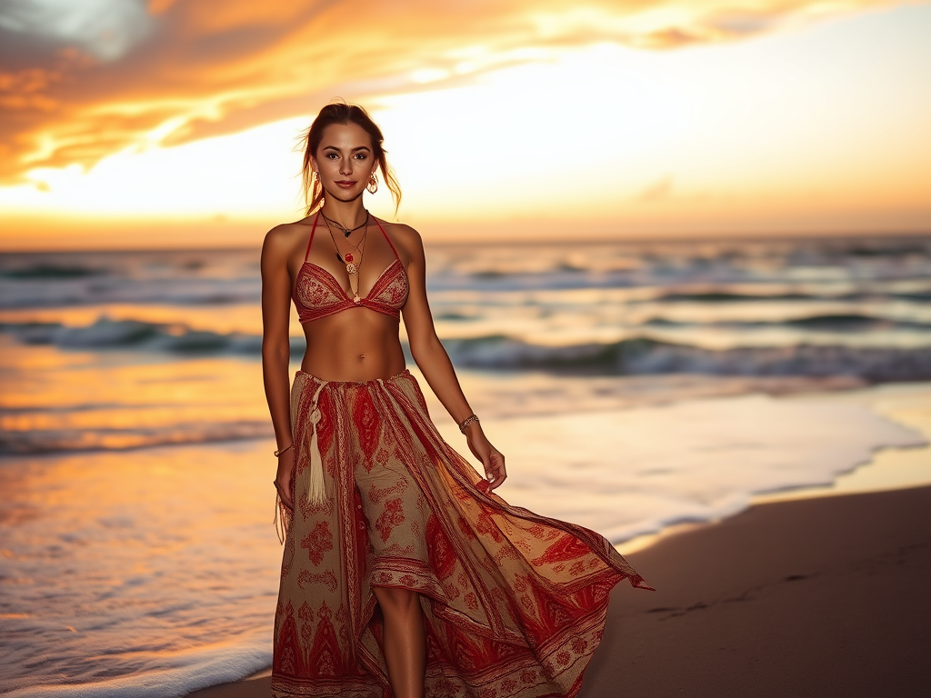 A woman in a playful outfit walks along the beach during sunset, with waves gently crashing in the background.