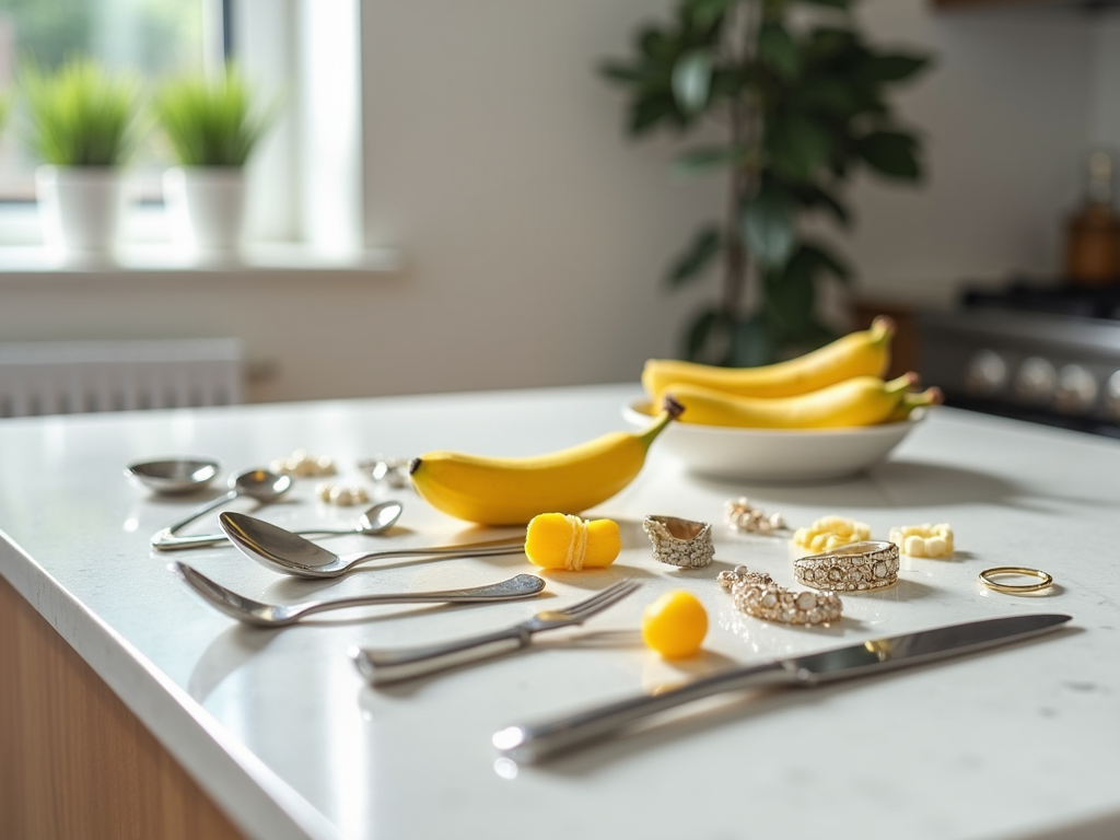 Sunny kitchen counter with bananas, spoons, and scattered jewelry pieces.