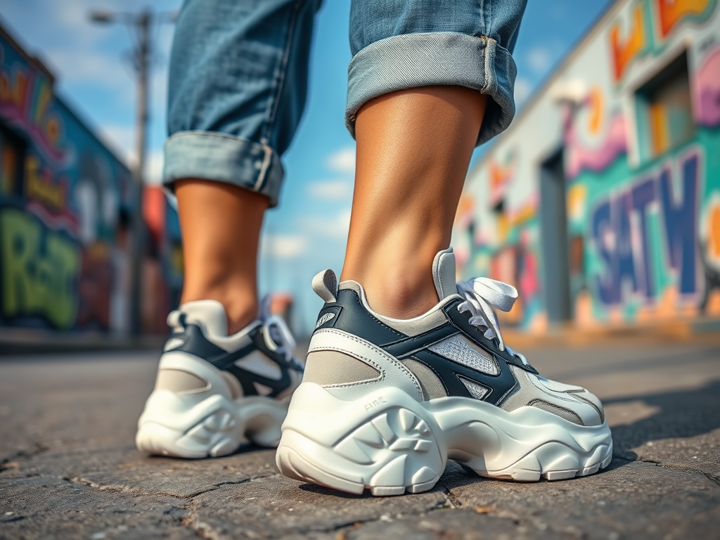 A close-up of stylish sneakers worn by a person standing on a street with colorful murals in the background.