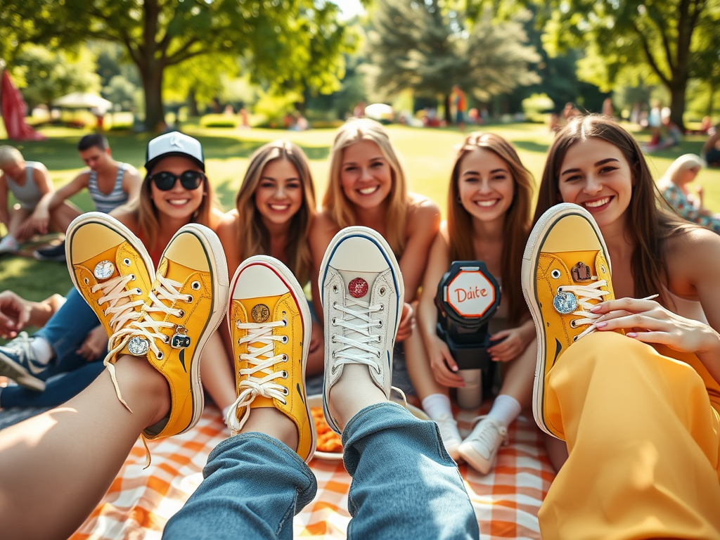 A group of young women wearing colorful sneakers, sitting on a picnic blanket in a sunny park, smiling.