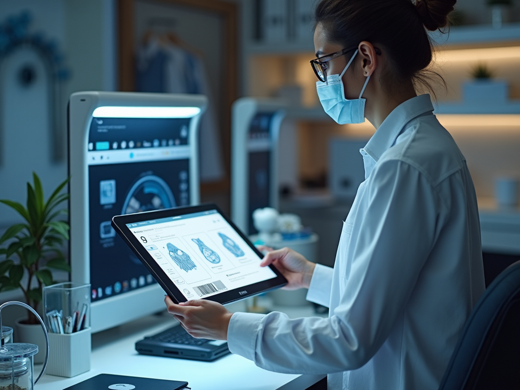 Scientist in lab coat and face mask reviewing data on a tablet in a high-tech office setting.