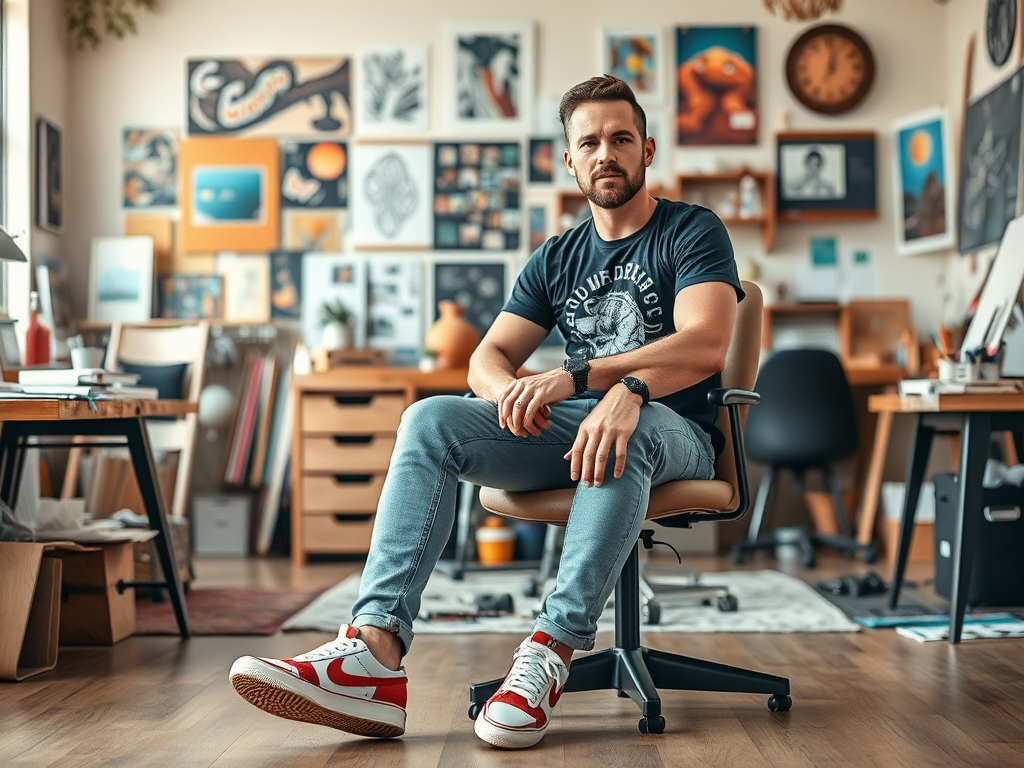 A man sits in a chair in a creative studio filled with artwork and design materials, wearing casual clothing and sneakers.