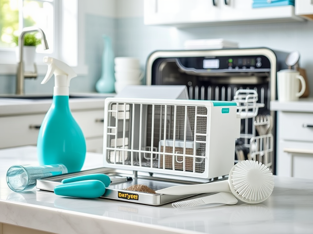 A bright kitchen counter displaying a spray bottle, cleaning tools, a drying rack, and a small multi-functional appliance.