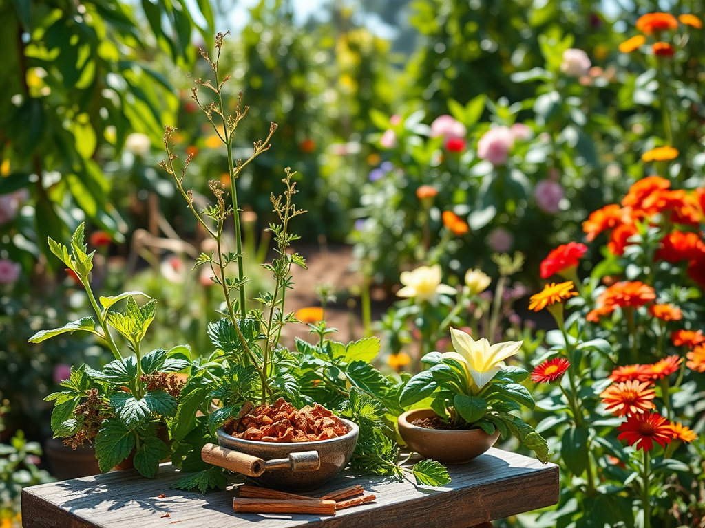 A wooden table displays potted plants, herbs, and flowers, surrounded by a colorful garden backdrop.