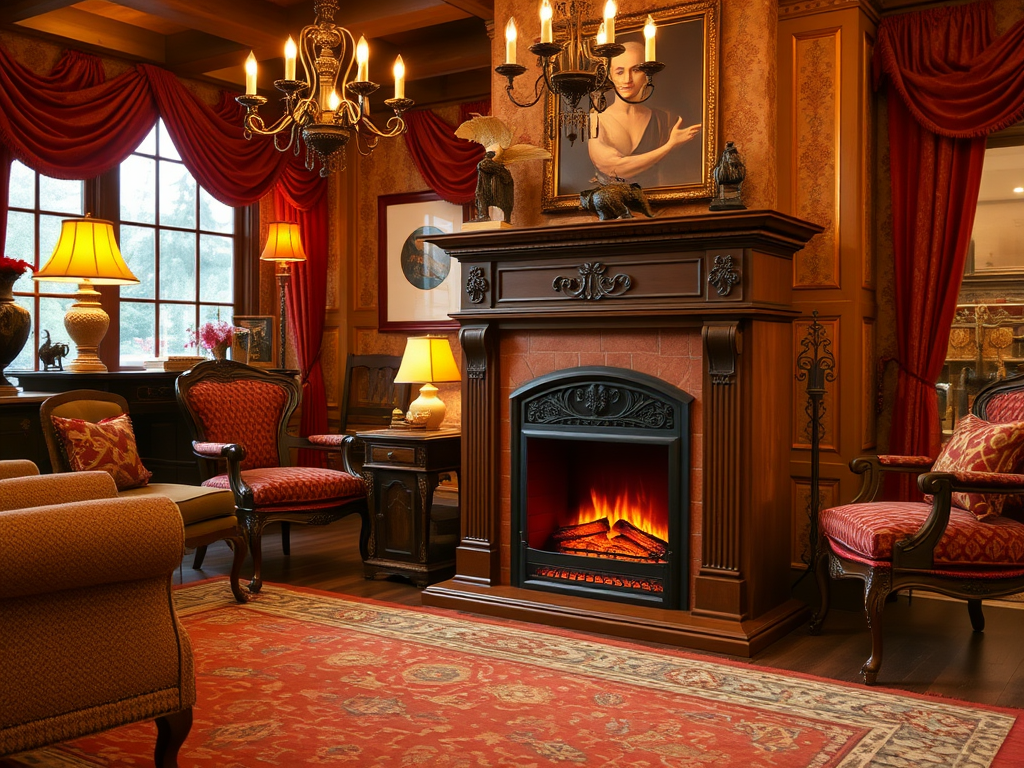 A cozy living room with a fireplace, elegant furniture, warm lighting, and red drapery creates a welcoming atmosphere.